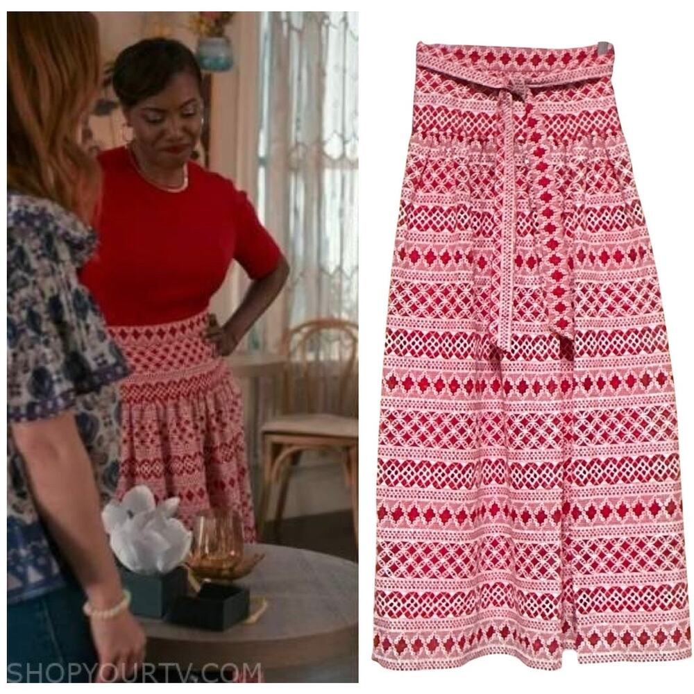 Antonio Melani Belted High Waisted Maxi Skirt Cherry Blossom Red White 0